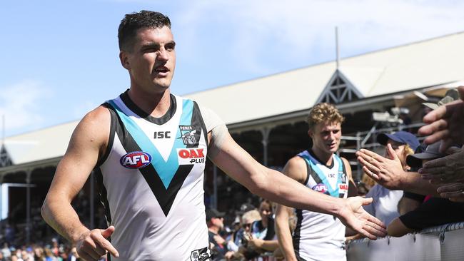 Port Adelaide midfielder Tom Rockliff is eager to prove his knockers wrong after a tough start at the Power last year. His 41 touches at Alberton on Saturday against North Melbourne suggest he is primed to make his case. Picture: Sarah Reed.