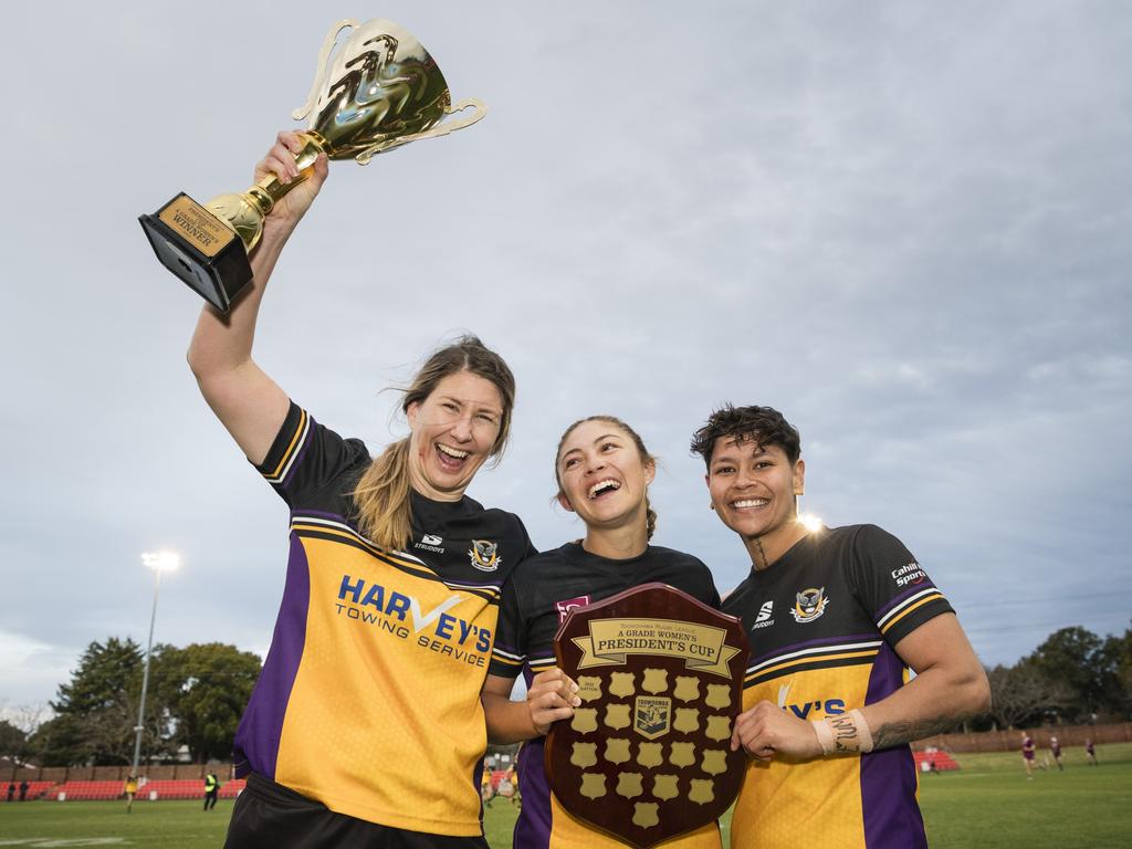 Gatton players (from left) Kimberley Dore, Natalia Webb and Courtney Robinson celebrate the win against Oakey. Picture: Kevin Farmer.