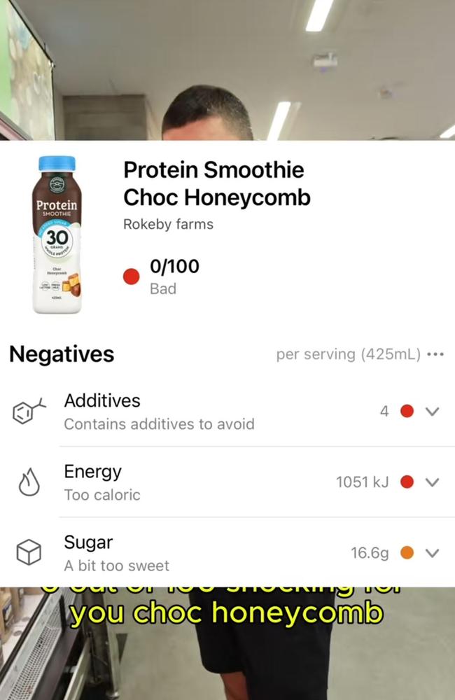 This is the rating that the app gave the popular Rokeby honeycomb choc protein smoothie. Picture: TikTok/mrhealthau