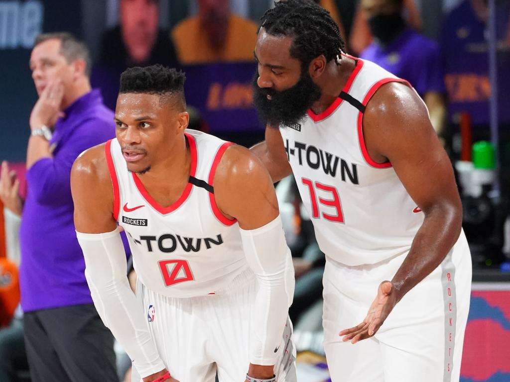 After starting as teammates in Oklahoma City, Westbrook and Harden linked up again on Houston. Picture: Jesse D. Garrabrant/NBAE via Getty Images