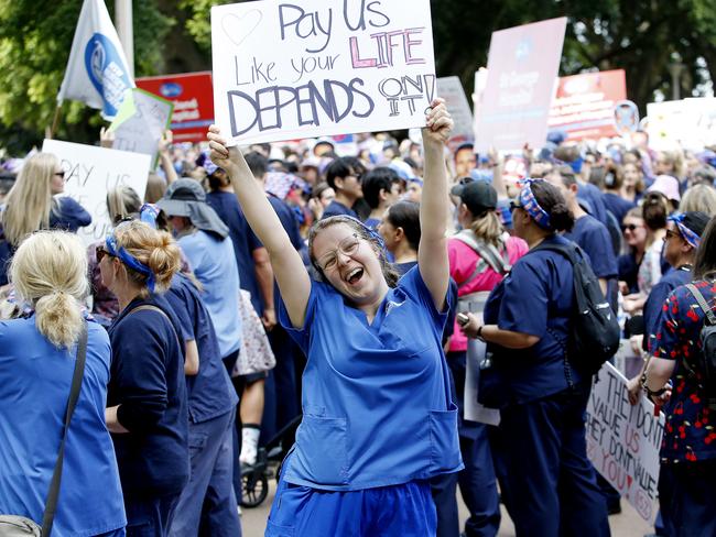 Nurse Caitlyn Moore in Hyde Park as nurses and midwives march to NSW Parliament as part of their 24-hour strike to demand better pay in September. Picture: NewsWire