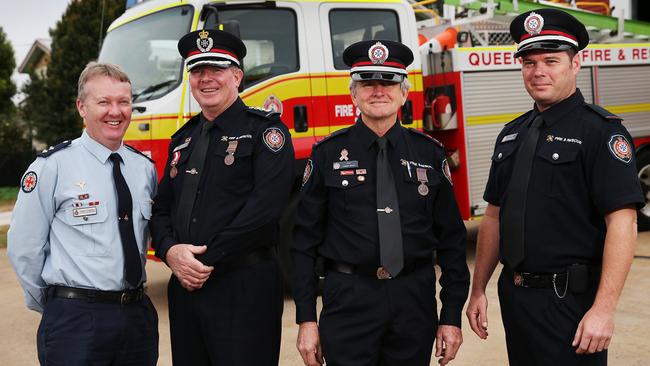 Tablelands resident Robert Doyle (second from right) was one of the first responders to the Serves You Right cafe blast. He is pictured with other first responders (from left) ambulance officer Terry Cumming, and fellow firefighters John Lindsay and Nathaniel Stasse. The three firefighters all received special bravery awards from Commissioner Katarina Carroll at a ceremony held at the Ravenshoe Fire Station. Picture: BRENDAN RADKE