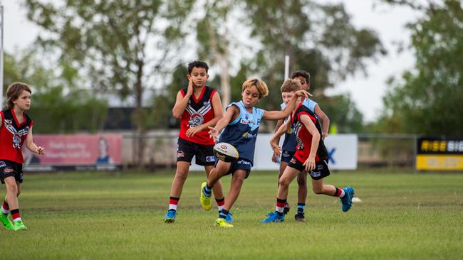 Under-10s compete in the first Darwin Buffaloes NTFL home game against Southern Districts at Woodroffe Oval. Picture: Pema Tamang Pakhrin