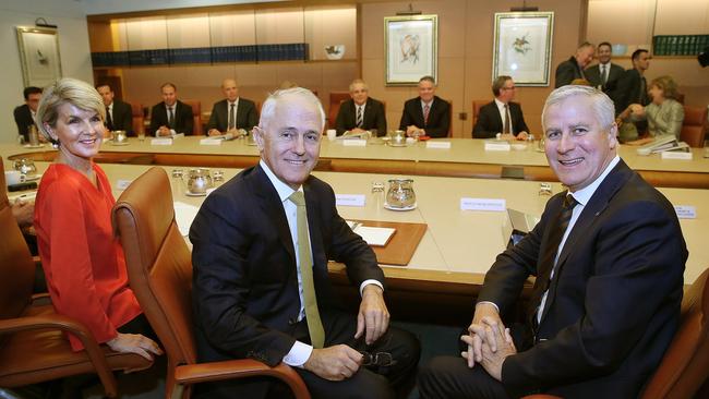 Foreign Affairs Minister Julie Bishop, PM Malcolm Turnbull and Deputy PM Michael McCormack at a Cabinet meeting at Parliament House in Canberra. Picture Kym Smith