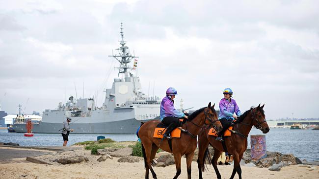 (LR) Emily Harrison on Fulfilled and Marine Distler on Barazin riding at Horseshoe Beach in Newcastle ahead of "The Newcastle Herald Hunter Race Day". Photographer: Adam yip