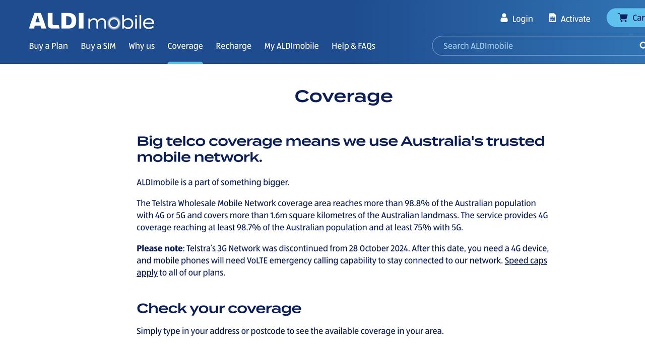 Aldi's website previously stated how much land it covered and the population it reached via Telstra's network. It removed these statements on Thursday.