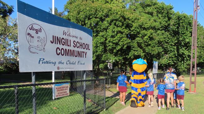 Hector the Road Safety Cat visited Jingili Primary School to promote National Walk Safely to School Day. Picture: Darcy Fitzgerald