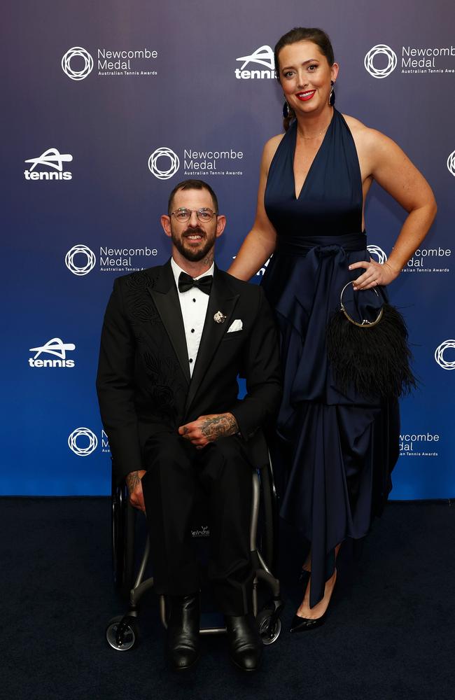 Wheelchair tennis player Heath Davidson and his partner arrive at the Newcombe Medal. (Photo by Graham Denholm/Getty Images for Tennis Australia)