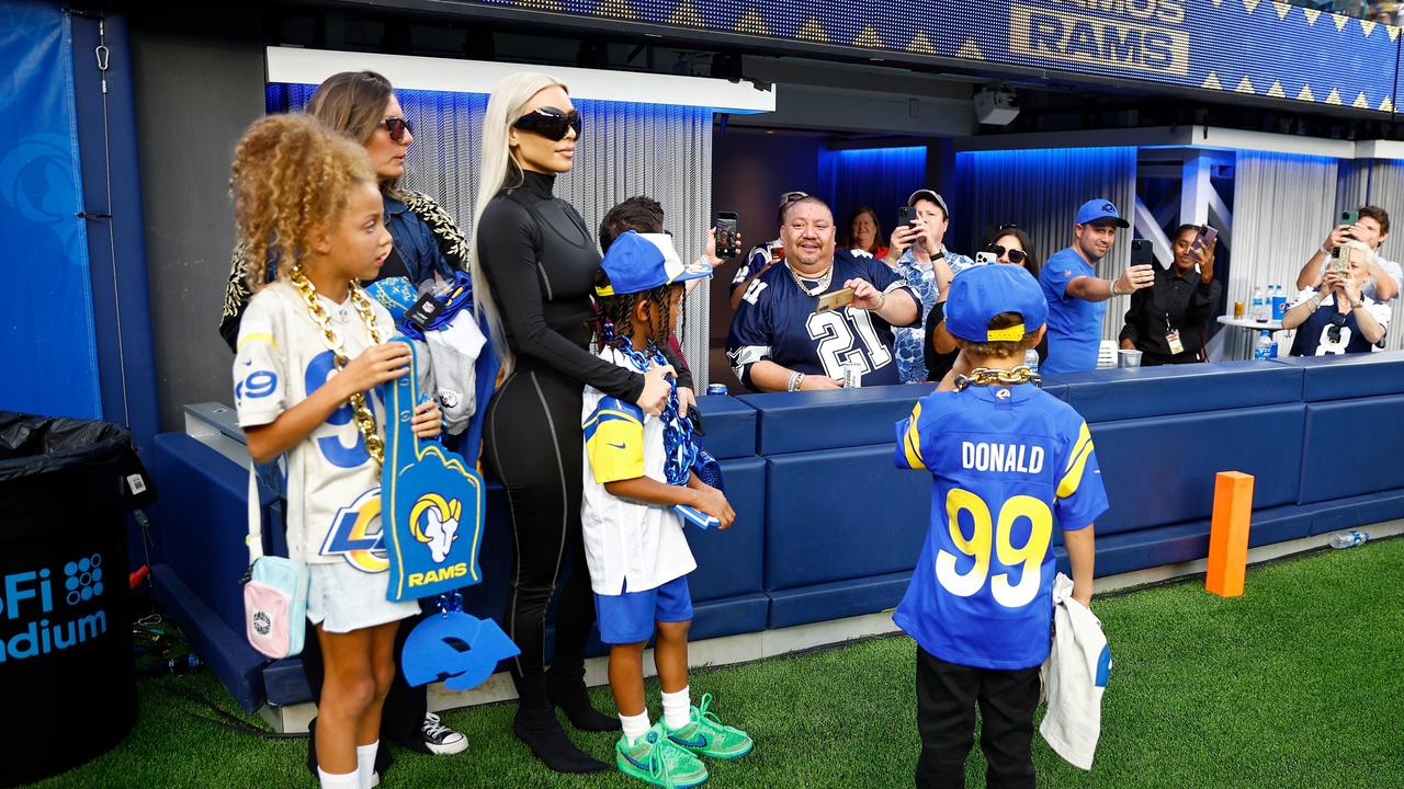 Kim Kardashian holds her son, Saint. (Photo by Ronald Martinez/Getty Images)