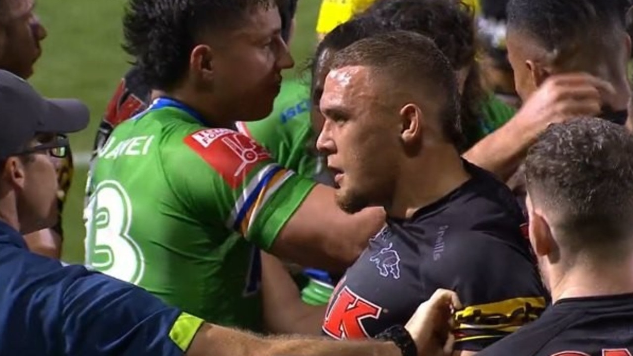 NRL 2021 Penrith Panthers vs Canberra Raiders, viking clap, fight, Stephen Crichton, Joseph Tapine, Jarome Luai