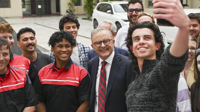 Anthony Albanese meets a group of TAFE and university students at Parliament House in Canberra on Monday. Picture: NewsWire / Martin Ollman