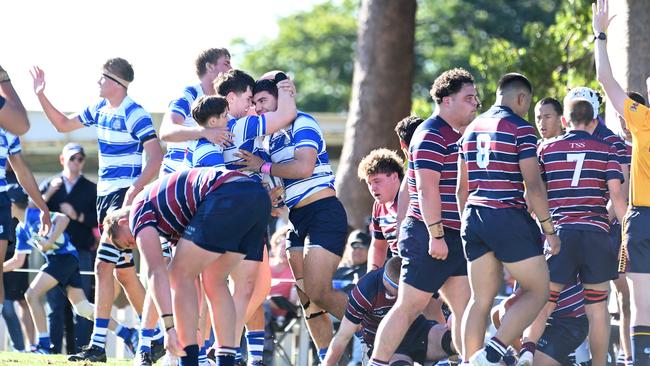 Nudgee celebrate a try. Picture, John Gass