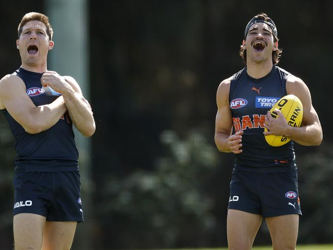 Toby Greene and Toby Bedford during the GWS Giants training session on September 5, 2023. Photo by Phil Hillyard(Image Supplied for Editorial Use only - **NO ON SALES** - Â©Phil Hillyard )