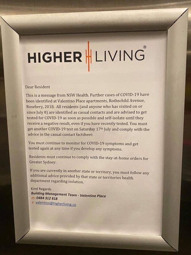 Sign in the elevator of the Valentino Place apatments on Rothschild Avenue in Rosebery, warning all residents to get tested after a number of residents returned positive Covid-19 tests. Picture: Supplied