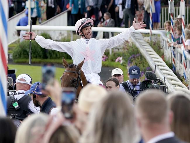 YORK, ENGLAND - AUGUST 26: Frankie Dettori celebrates after riding Absurde to win The Sky Bet Ebor Handicap at York Racecourse on August 26, 2023 in York, England. (Photo by Alan Crowhurst/Getty Images)