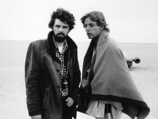 Director George Lucas (l) with actor Mark Hamill on set of film 1977 'Star Wars' film. Picture: Supplied