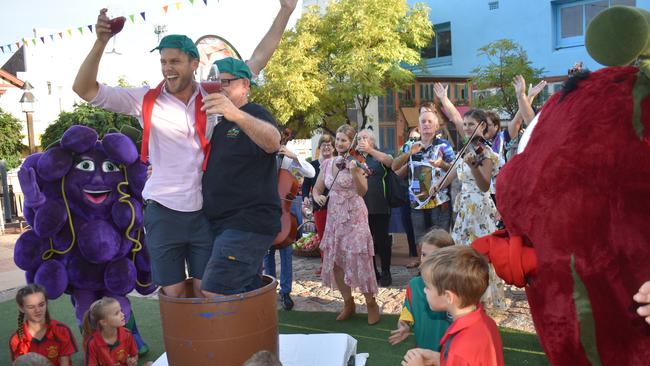 Channel Nine's Today Show weather presenter Tim Davies getting sticky in the Apple &amp; grape Festival grape crush.