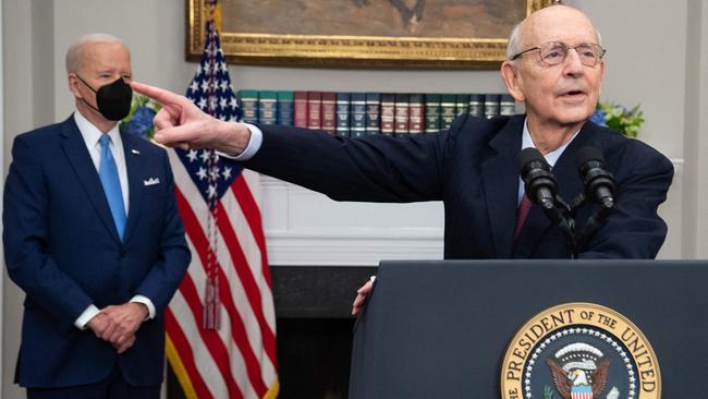 Stephen Breyer formally announces his retirement alongside Joe Biden at the White House on Thursday. Picture: AFP