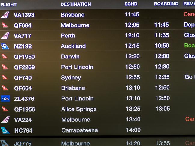 ADELAIDE, AUSTRALIA - NewsWire Photos JULY 16 2021: Adelaide Airport. Departure and Arrival boards showing cancelled flights.Picture: NCA NewsWire / Roy VanDerVegt