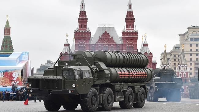 Russian S-400 Triumph medium-range and long-range surface-to-air missile systems drive through Red Square during the Victory Day military parade in Moscow in 2017.