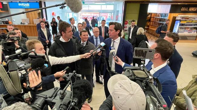 AFL Chief Executive Gillon McLachlan speaks to media at Hobart airport ahead of this afternoon as announcement. Picture: AFL/Twitter