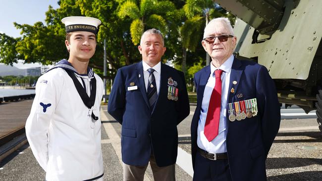 The Cairns RSL Sub Branch will focus this year's Anzac Day Dawn Service and commemorative service on Far North Queensland's Vietnam War veterans. Navy Cadet Petty Officer Jaxon Shingles, Cairns RSL Sub Branch President and veteran Nathan Shingles and Vietnam veteran Graham Shingles at the Cairns cenotaph. Picture: Brendan Radke