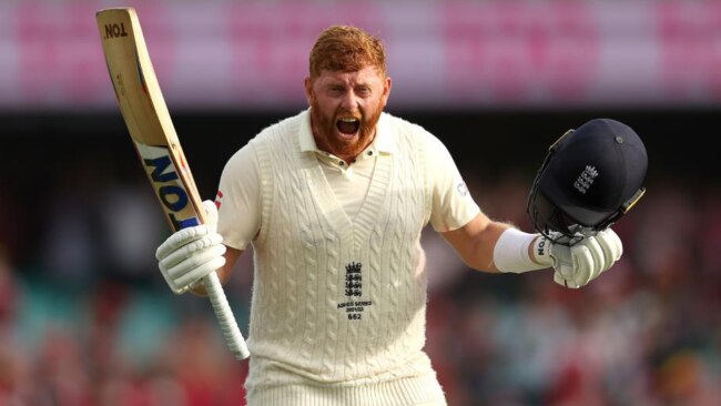 Jonny Bairstow celebrates scoring England's first century of the series.