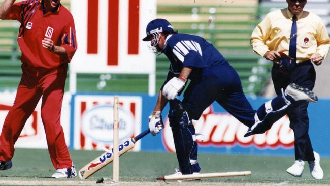 Rohan Larkin gets run out as he plays for Victoria in a one dayer in the 1990s. Picture: Mark Brake