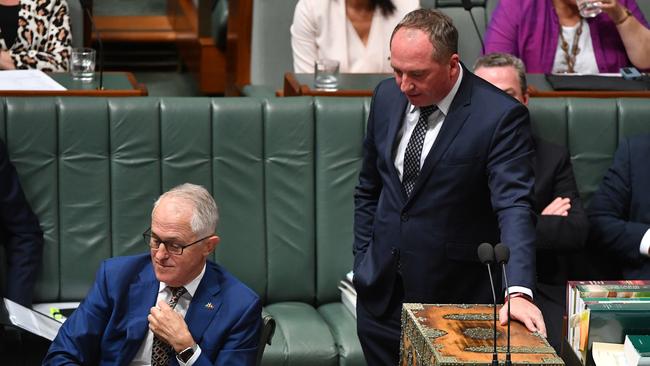 Malcolm Turnbull and Barnaby Joyce in question time yesterday. Picture: AAP