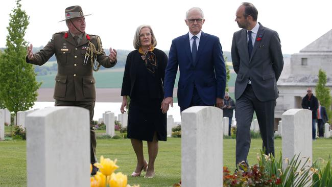 The Turnbulls with Edouard Philippe and Colonel Scott Clingan at Villers-Bretonneux. Picture: AFP