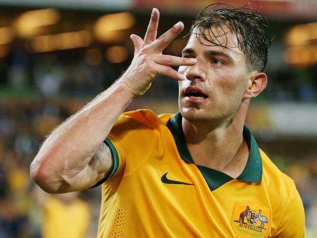 Asian Cup: Socceroos v Kuwait at Melbourne Rectangular Stadium, Australia's James Troisi score's Australia's 4th goal. Melbourne. 9th January 2015. Picture: Colleen Petch.