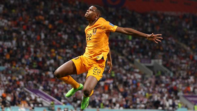 Denzel Dumfries of Netherlands certainly knows how to celebrate a goal. Picture: Richard Heathcote/Getty Images