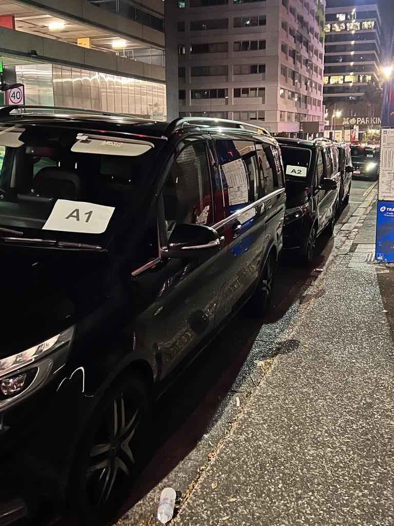 The convoy of black Mercedes vans outside the Tama venue in Brisbane for a Drake concert after-party. Picture: Supplied