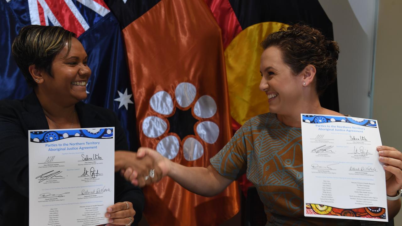 Labor's Selena Uibo and CLP leader Lia Finocchiaro both signed the Aboriginal Justice Agreement on behlaf of both major parties in March 2023. Picture: (A)manda Parkinson