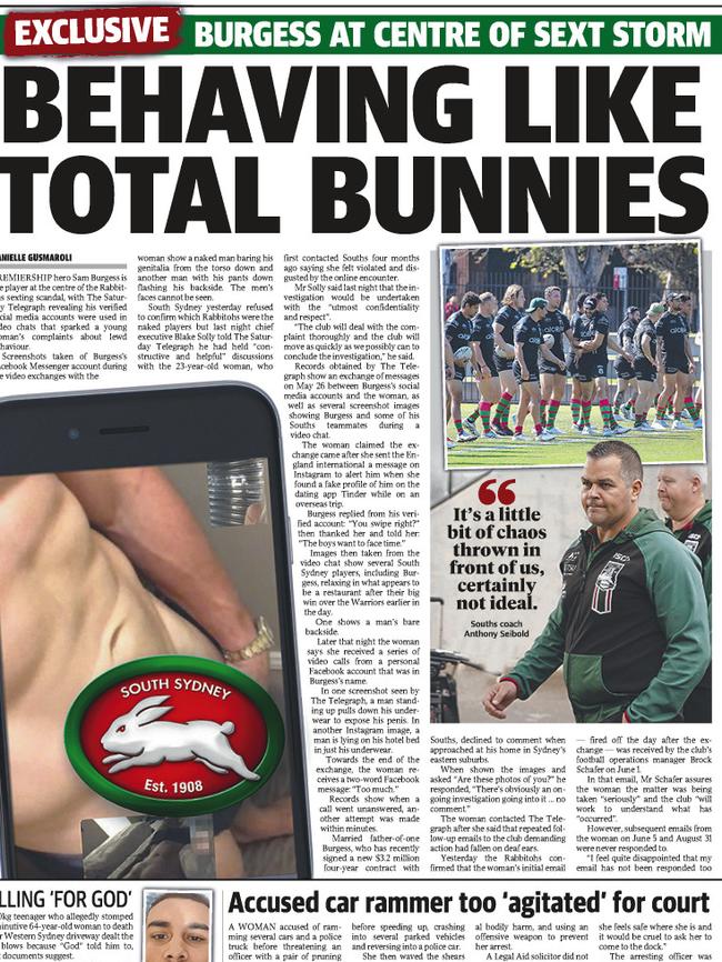 The Rabbitohs sexting scandal involving Sam Burgess, who was cleared of any wrongdoing.