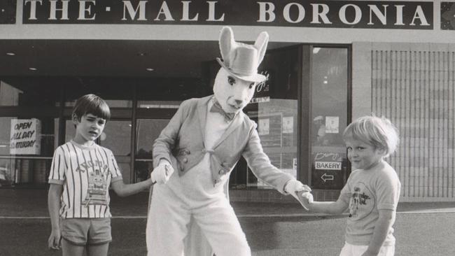 The Easter bunny meeting Dale, 6, and Wade 4, at Boronia Mall. Photographer: Jim Stirling