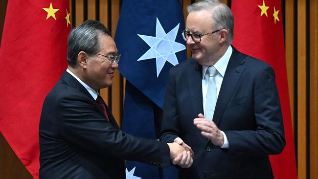 China's Premier Li Qiang and Australia's Prime Minister Anthony Albanese shake hands during a signing ceremony at Parliament House in Canberra on June 17, 2024. Picture: AFP