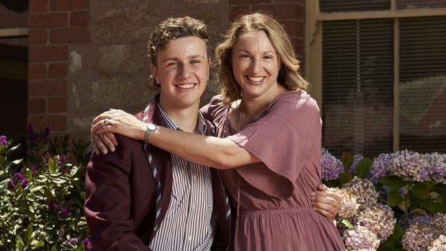 St John’s Grammar School board chair Jodie Benveniste, with son Jet who’ll be in Year 11 this year, says the challenge has been keeping fee increases to a minimum during Covid. Picture: Matt Loxton