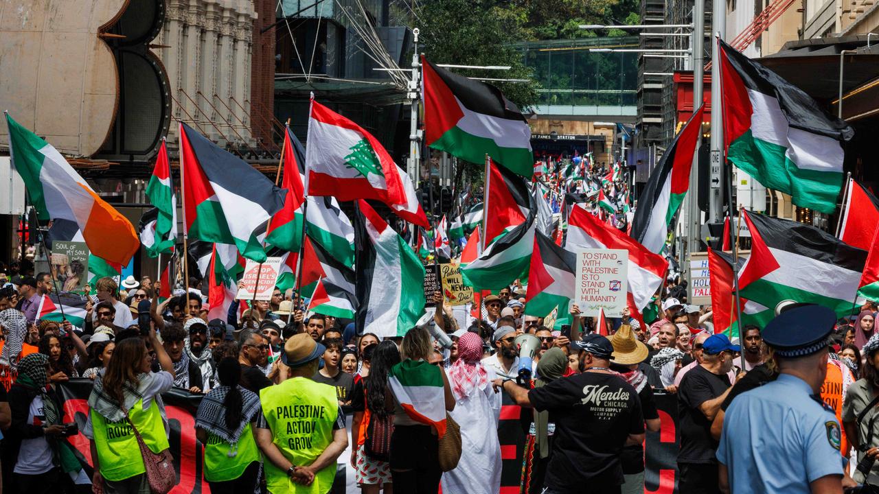 Pro-Palestine marchers move through Sydney. Picture: NCA NewsWire / David Swift