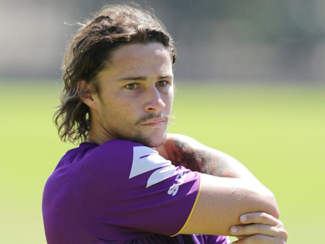 PERTH, AUSTRALIA - FEBRUARY 13: Nicho Hynes of the Storm  during the Melbourne Storm NRL training session at UWA Sports Park on February 13, 2020 in Perth, Australia. (Photo by Will Russell/Getty Images)