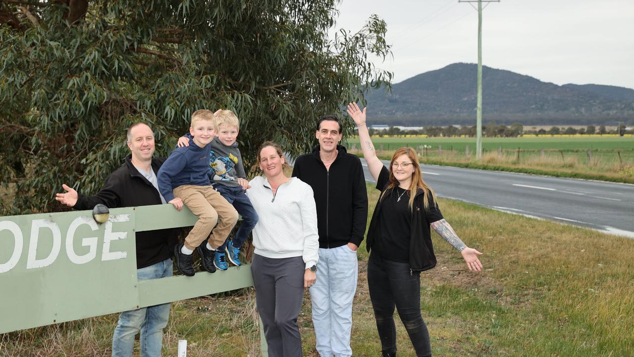 Dean and Alisa Hinch, with children Eric, 5, and Max, 7 and Brett Couzens and Louise Curtis on the proposed site of a caravan park in Lara at 325 Forest Road. Picture: Alison Wynd