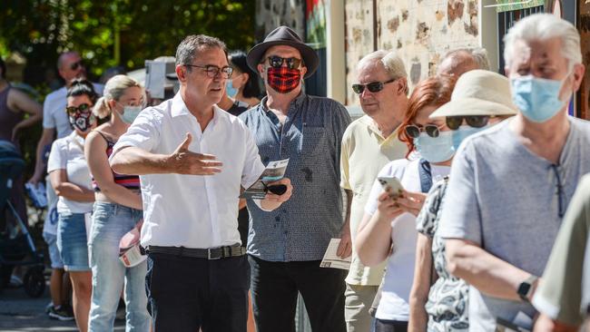 SA Premier Steven Marshall in a queue prior to voting at Norwood Primary School. Picture: NCA NewsWire / Brenton Edwards