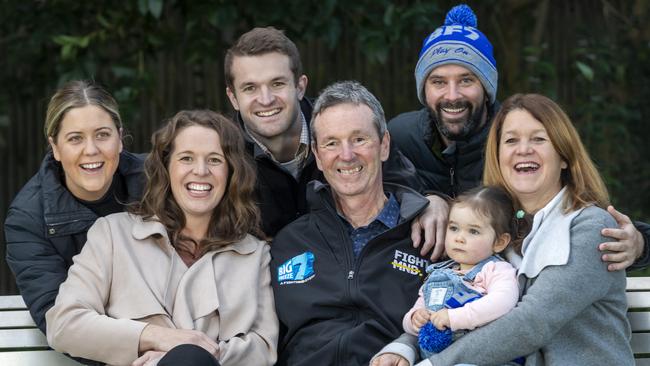 Neale Daniher with family members Madie Gale, Ben Daniher, Michael McKenna (back row) Bec Daniher, Rosie McKenna, 2 and wife Jan. He says his family is his greatest achievement. Picture: David Geraghty