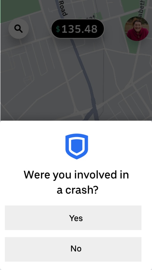 The message Uber users will get if they may have had a crash. Picture: Supplied