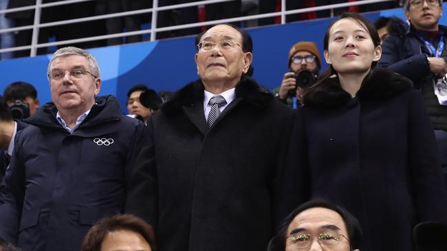 Left to right, IOC President Thomas Bach, North Korean ceremonial head of state Kim Yong Nam and Kim Yo-jong, sister of North Korean leader Kim Jong-un at Women's Ice Hockey.