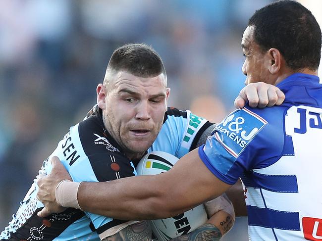 Cronulla's Josh Dugan during the Cronulla Sharks v Bulldogs NRL match at Southern Cross Group Stadium, Cronulla. Picture: Brett Costello