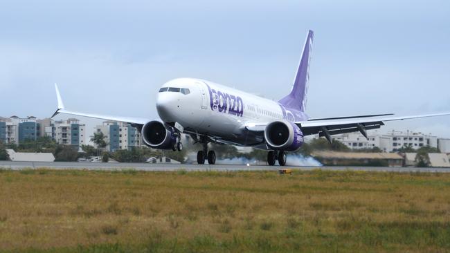 The first Bonza 737 aircraft lands in Australia on Monday.