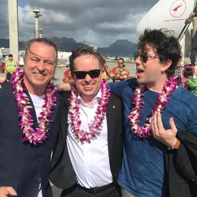 Joe Aston with chef Neil Perry and Alan Joyce in 2017. Picture: Instagram