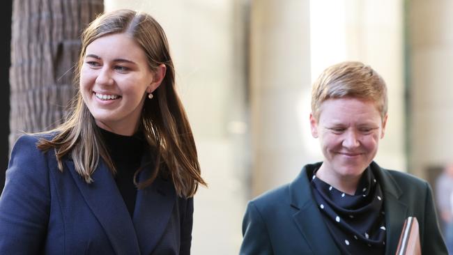 Brittany Higgins, left, in Sydney with ACT Victims of Crime Commissioner Heidi Yates for a meeting with Scott Morrison. Picture: Damian Shaw