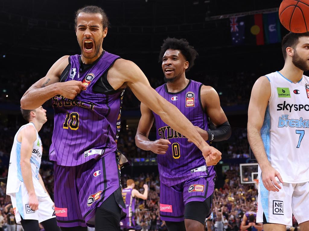 Xavier Cooks celebrates during game five of the NBL Grand Final series between Sydney Kings and New Zealand Breakers at Qudos Bank Arena back in March. Photo: Mark Metcalfe/Getty Images.